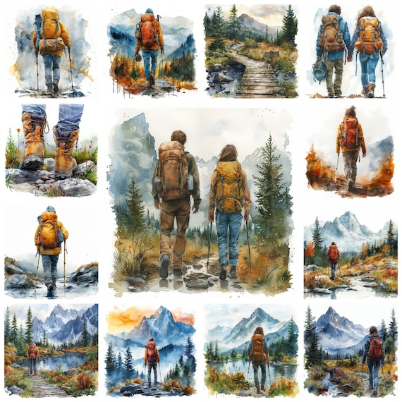 Hiking PNG Clipart, Watercolor Trekking Sport Landscape Image, Mountain Trail Hike Scenery, Outdoor Hikers, Trek Adventure, Commercial Use