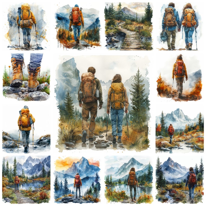 Peut inclure: Une peinture &agrave; l'aquarelle repr&eacute;sentant des personnes faisant de la randonn&eacute;e dans les montagnes. La peinture pr&eacute;sente une vari&eacute;t&eacute; de paysages, notamment des for&ecirc;ts, des prairies et des rivi&egrave;res. Les personnes portent des sacs &agrave; dos et des chaussures de randonn&eacute;e. La peinture est une belle repr&eacute;sentation de la beaut&eacute; de la nature.
