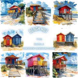 39 Beach Hut PNG Clipart Bundle, Watercolor Coastal Beach Hut Illustration, Tropical Beach Hut Scenery Sublimation, Sea View Commercial Use