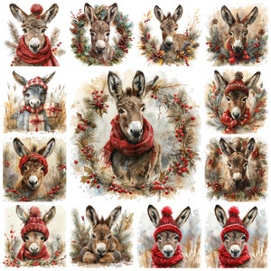 48 Christmas Donkey PNG clipart, aquarel feestelijke ezel transparante illustratie, Santa's Donkey afbeelding, Noel dierenfoto, Xmas Donkey