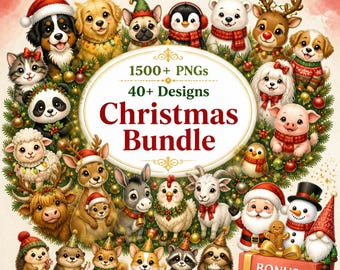 Mega Christmas Clipart Bundle, 1500+ PNG Designs, 40+ Festive Animals & Characters, Cricut POD (Commercial Use)