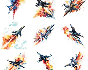 Pode incluir: Nove ilustrações de aquarela de jatos de combate voando pelo ar, deixando rastros de fumaça coloridos atrás deles. Os jatos são todos de cores e designs diferentes, e os rastros de fumaça são todos de formas e tamanhos diferentes.
