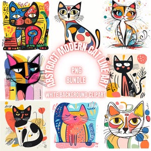Paquete de imágenes prediseñadas PNG de gato con arte lineal moderno abstracto, arte lineal abstracto por sublimación, ilustración minimalista monoline moderna, uso comercial