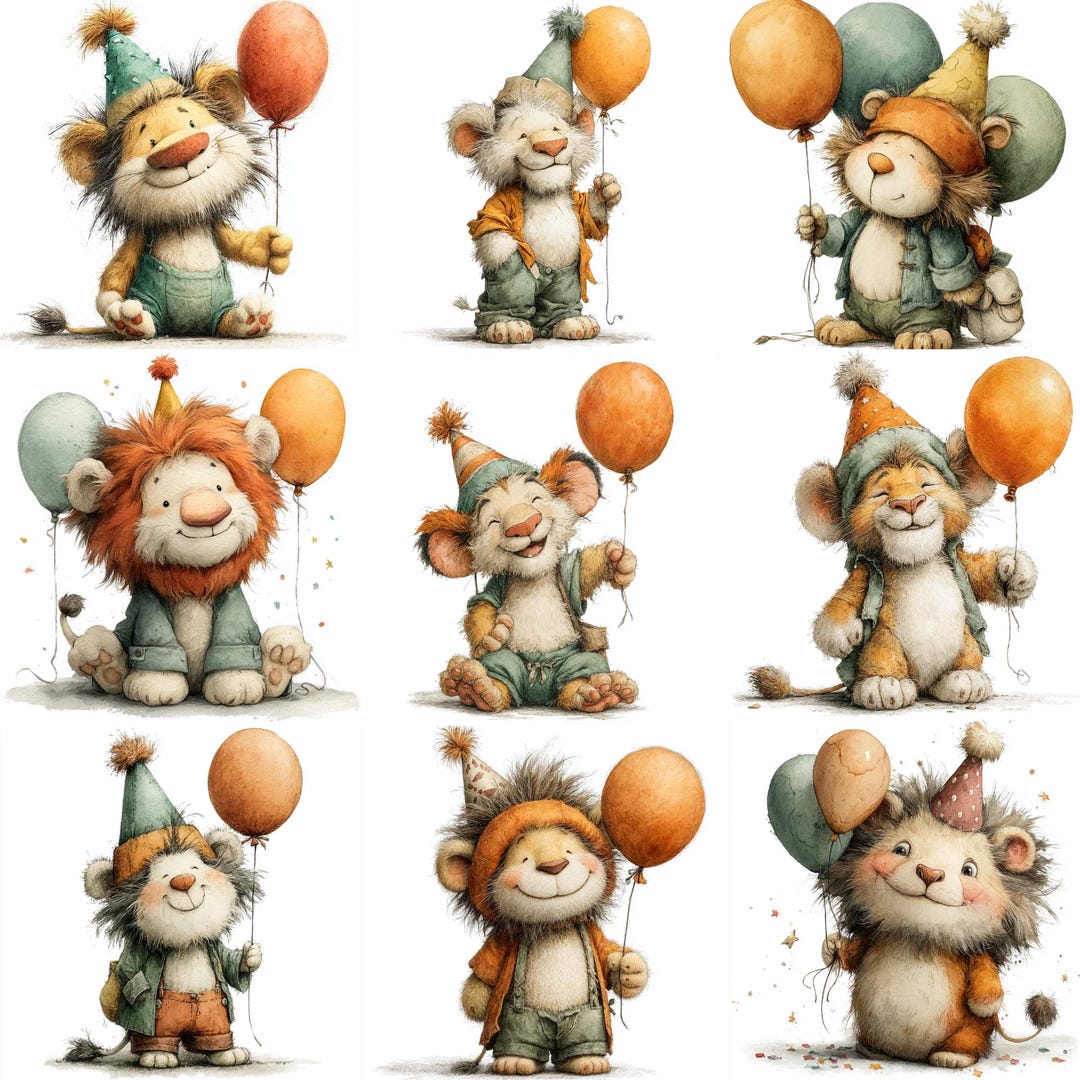 30 Lion Cup Birthday Animals PNG Clipart Bundle, Cute Watercolor Baby ...