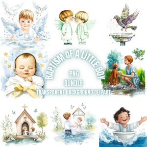 Baptism of a Little Boy PNG Clipart Bundle, Watercolor Holy Blessing Ceremon Illustration, Cleansed in Christ’s Love, Commercial Use