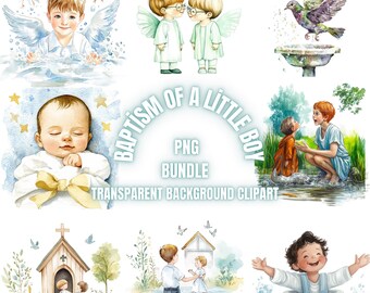 May include: A set of watercolor illustrations depicting a baptism ceremony. The illustrations include a baby sleeping in a white gown, a child being baptized in a church, a child being baptized in a river, and two angels with wings. The illustrations are perfect for creating invitations, cards, or other crafts.
