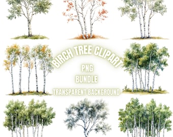 Birch Tree PNG Clipart Bundle, Watercolor Birch Tree Landscape Illustration, Tranparent Background Sublimation Pack, Commercial Use