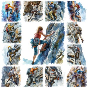Imágenes prediseñadas PNG de escalada en roca, acuarela 43 paisajes de poses dinámicas de escalada para deportes extremos al aire libre, aventura de escalada, uso comercial
