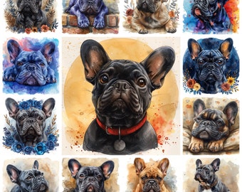 38 French Bulldog PNG Clipart, Watercolor Cute Frenchie Bulldog Illustration,Floral French Bulldog Image, Card Paper Making, Commercial Use