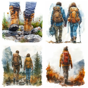 Peut inclure: Quatre illustrations &agrave; l'aquarelle de personnes faisant de la randonn&eacute;e dans la nature. Chaque personne porte un sac &agrave; dos et des b&acirc;tons de randonn&eacute;e. Les illustrations sont sur fond de bois, de montagnes et d'un ciel bleu.