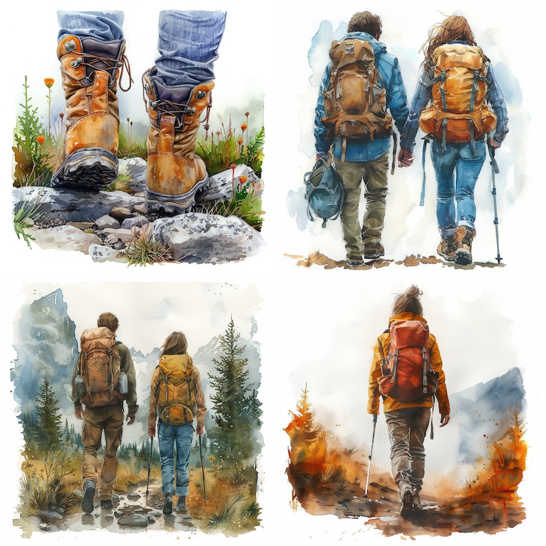 Peut inclure: Quatre illustrations &agrave; l'aquarelle de personnes faisant de la randonn&eacute;e dans la nature. Chaque personne porte un sac &agrave; dos et des b&acirc;tons de randonn&eacute;e. Les illustrations sont sur fond de bois, de montagnes et d'un ciel bleu.