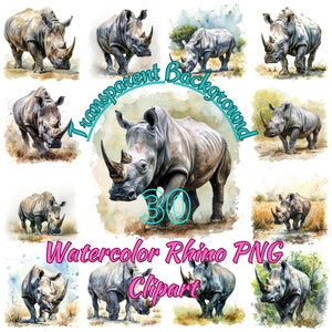 30 Rhino PNG Clipart, Watercolor South African White Rhinoceros Scenery Illustration, Black Rhino Portrait Image Card Making, Commercial Use