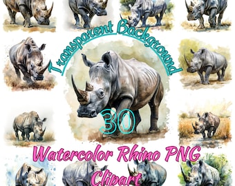 30 Rhino PNG Clipart, Watercolor South African White Rhinoceros Scenery Transparent PNG Illustration, Black Rhino Portrait Image Card Making