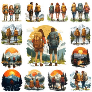 36 backpackers PNG clipart bundel, aquarel reizen liefhebbers afbeeldingen, wandelen avontuur illustratie, wildernis trekking, commercieel gebruik