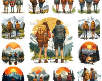 Watercolor Backpackers Clipart Bundle, Hiking Adventure PNG (Commercial Use)