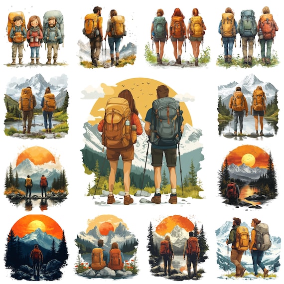 Watercolor Backpackers Clipart Bundle, Hiking Adventure PNG (Commercial Use)