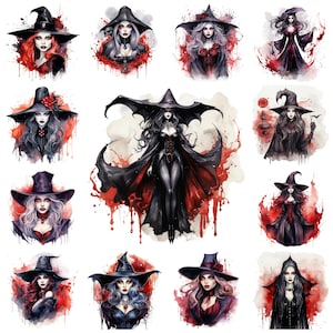 Peut inclure: Un ensemble de dix illustrations numériques représentant des sorcières dans différentes poses et tenues. Les sorcières sont représentées avec des chapeaux noirs, des robes flottantes et des accents rouges. Les illustrations sont réalisées dans un style aquarelle avec une esthétique fantaisiste et effrayante.