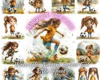 Watercolor Soccer Girl PNG Clipart, 29 Nursery Soccer Kids Illustration, Young Fotball Player Girl Sport Image, Commercial Use
