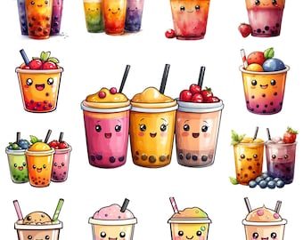 Kawaii Boba Tea PNG Clipart Bundle, Watercolor Illustration (Commercial Use)