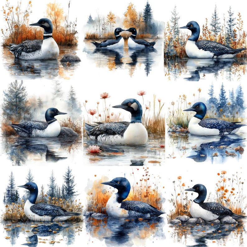 Pu&ograve; includere: Un dipinto digitale di dieci tuffetti comuni, noti anche come tuffetti maggiori, in varie pose su un lago. I tuffetti sono raffigurati in uno stile acquerello con una gamma di colori blu e nero. Lo sfondo presenta una variet&agrave; di fogliame e acqua.