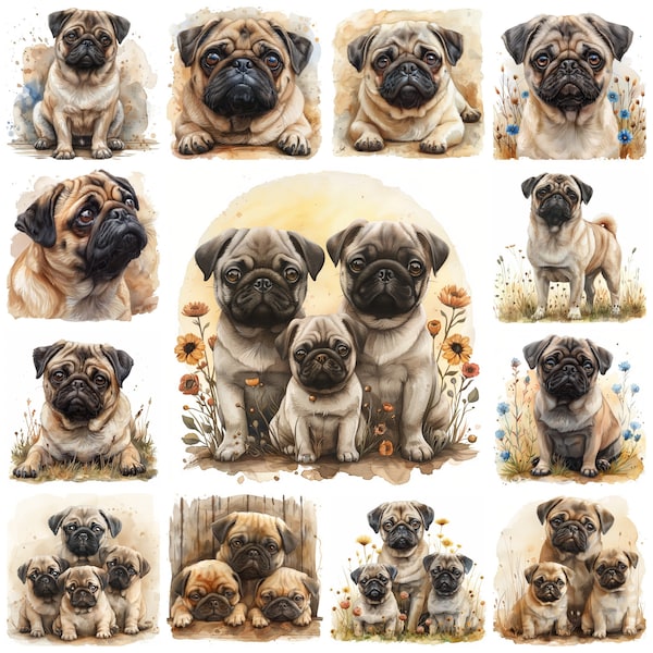 26 Pug Dog Breed PNG Clipart, Watercolor Cute Pug Family Illustration, Pug Pet Portrait Images, Pug Artwork Transparent Background Pictures