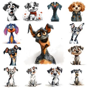 67 Quirky Dog PNG Clipart Bundle, Watercolor Whimsical Dog Illustration Card, Doodle Style Dog Portrait, Funny Dog Images, Commercial Use