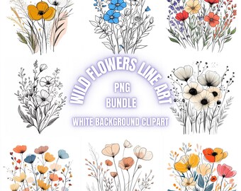 Paquete de imágenes prediseñadas PNG de arte lineal de flores silvestres, ilustración floral moderna (uso comercial)
