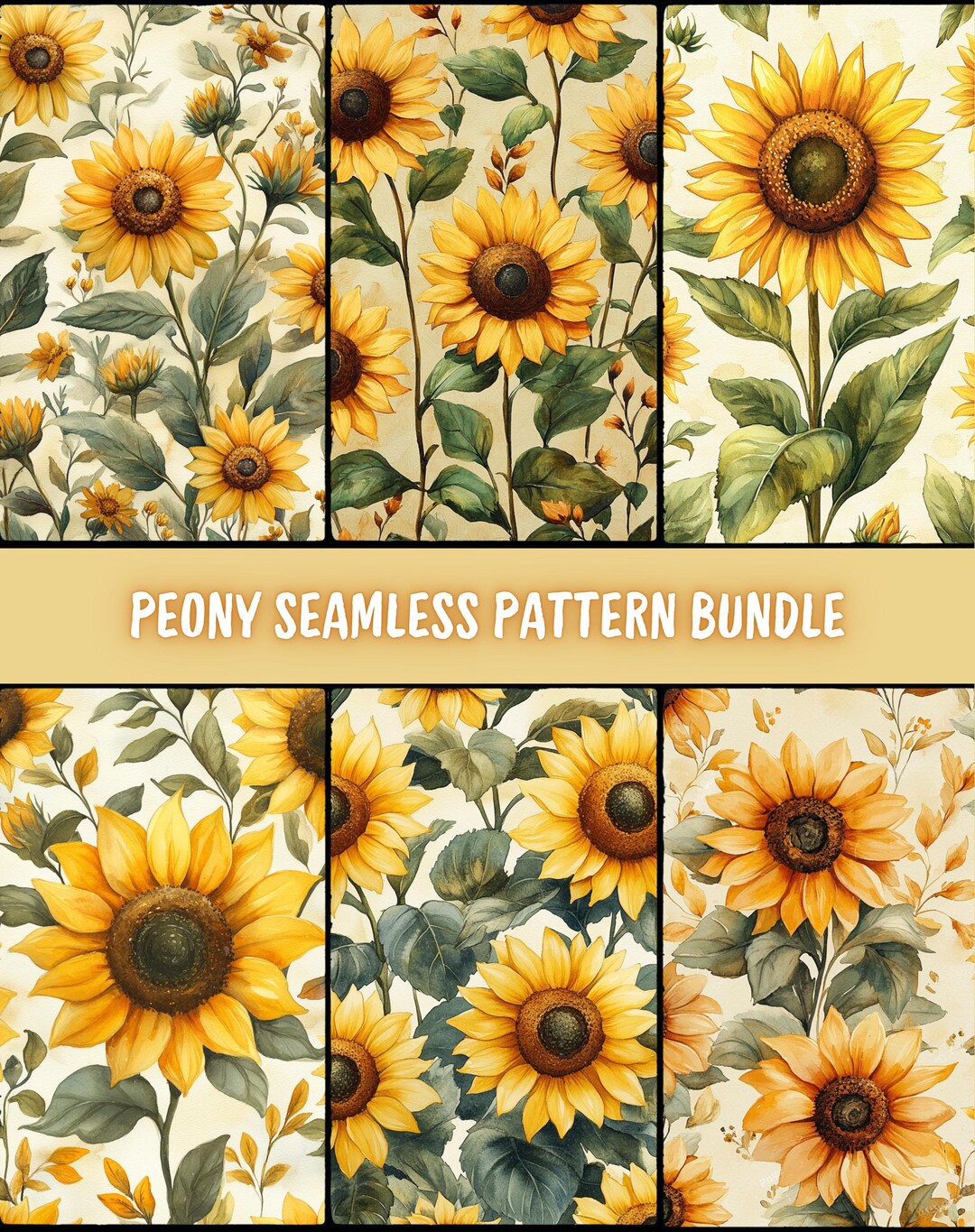 Sunflower Seamless Pattern PNG Bundle, Watercolor Floral Commercial Use ...
