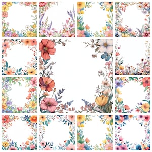 24 Aquarell Blumenrahmen PNG Bündel, Pastell Blumenrahmen Illustration, Blumenkarte Handwerk, Botanische Dekoration, kommerzielle Nutzung
