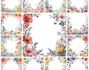 Paquete de imágenes PNG con bordes florales en acuarela e ilustraciones de marcos florales (descarga digital).