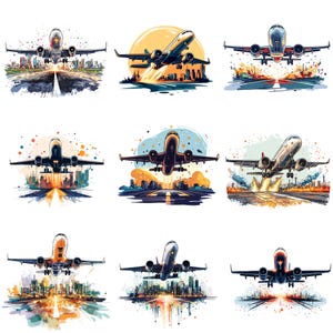 Puede incluir: Nueve ilustraciones de acuarela de aviones despegando de una pista. Cada ilustración presenta un diseño de avión diferente y una ciudad en el fondo.