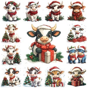 48 Cartoon Christmas Cattle PNG Clipart Bundle, Adorable Xmas Cattle Illustration, Festive Cattle, Christmas Cow Santa Hat Commercial Use