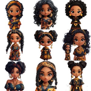 May include: Nine digital illustrations of Black girls with different hairstyles, clothing, and accessories. Each girl has large eyes and a sweet expression.