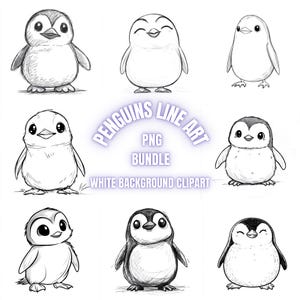 Penguin Line Art PNG Clipart Bundle, Abstrakcyjna linia Line Art Sublimacja, Minimalistyczna ilustracja pingwina Nowoczesna sztuka monolinii, Wykorzystanie komercyjne