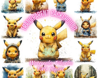 水彩画風ピカチュウPNGクリップアート40点、ポケモンイラスト