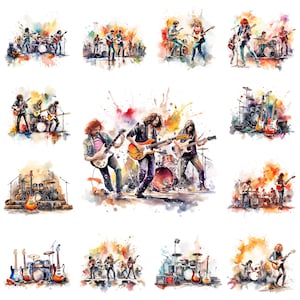 Paquete de 30 imágenes prediseñadas PNG de conciertos de música rock, ilustración en vivo de una banda de rock con acuarela, diseño de camisetas, creación de tarjetas, manualidades con papel, uso comercial