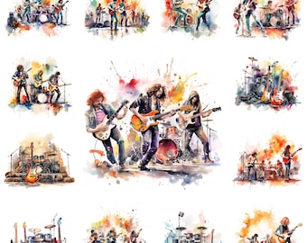 May include: A watercolor painting of nine different rock bands performing on stage. Each band features musicians playing electric guitars, drums, and bass. The paintings are colorful and vibrant, capturing the energy of live music.