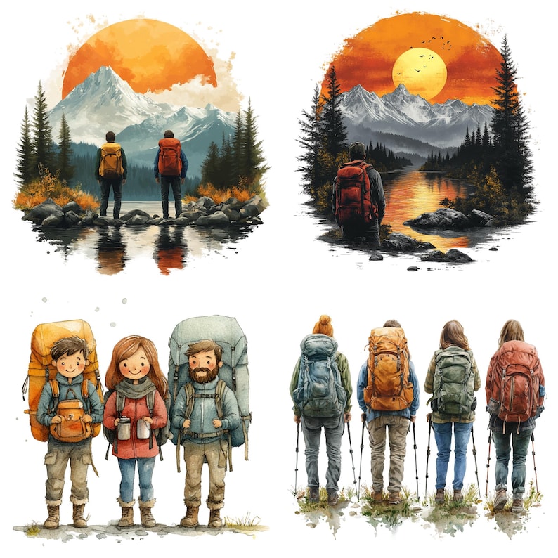 May include: Watercolor illustrations of hikers with backpacks in various outdoor settings. The images feature people standing in front of mountains, lakes, and sunsets. The illustrations are in a vibrant color palette with orange, blue, and green hues.