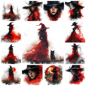 43 Red Witch Clipart PNG Bundle, Illustrazione magica di strega cremisi ad acquerello, Immagini di streghe fantasy di fuoco, Strega del mantello rosso, Uso commerciale