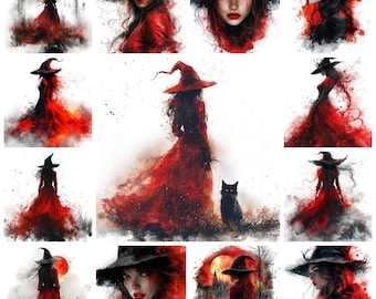 43 Red Witch Clipart PNG Bundle, Watercolor Crimson Witch Magic Illustration, Fire Fantasy Witch Images, Red Cloak Witch, Commercial Use