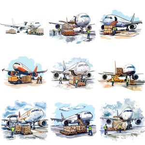Könnte beinhalten: Eine Sammlung von neun Aquarell-Illustrationen, die Flugzeuge zeigen, die mit Frachtkisten beladen werden. Die Flugzeuge sind in verschiedenen Modellen und Größen dargestellt, und die Frachtkisten sind auf Paletten gestapelt. Die Illustrationen sind vor einem weißen Hintergrund angeordnet.