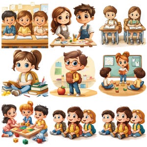 K&ouml;nnte beinhalten: Eine Sammlung von Illustrationen, die Kinder in verschiedenen schulischen Umgebungen zeigen. Szenen umfassen Sch&uuml;ler an Schreibtischen, die an Projekten arbeiten und Spiele spielen. Die Illustrationen weisen leuchtende Farben und Zeichentrickfiguren auf.
