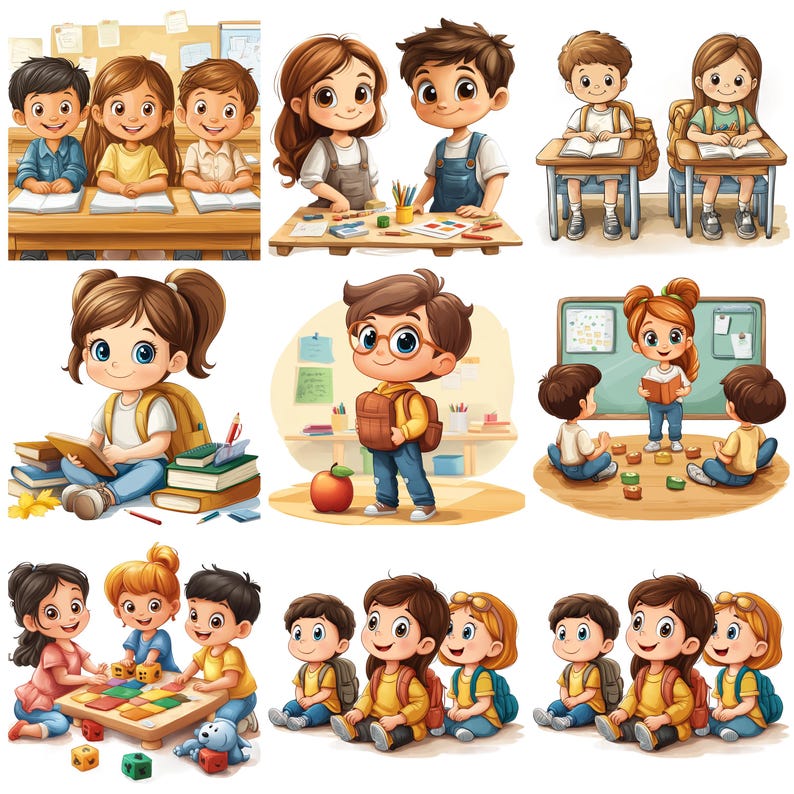 K&ouml;nnte beinhalten: Eine Sammlung von Illustrationen, die Kinder in verschiedenen schulischen Umgebungen zeigen. Szenen umfassen Sch&uuml;ler an Schreibtischen, die an Projekten arbeiten und Spiele spielen. Die Illustrationen weisen leuchtende Farben und Zeichentrickfiguren auf.