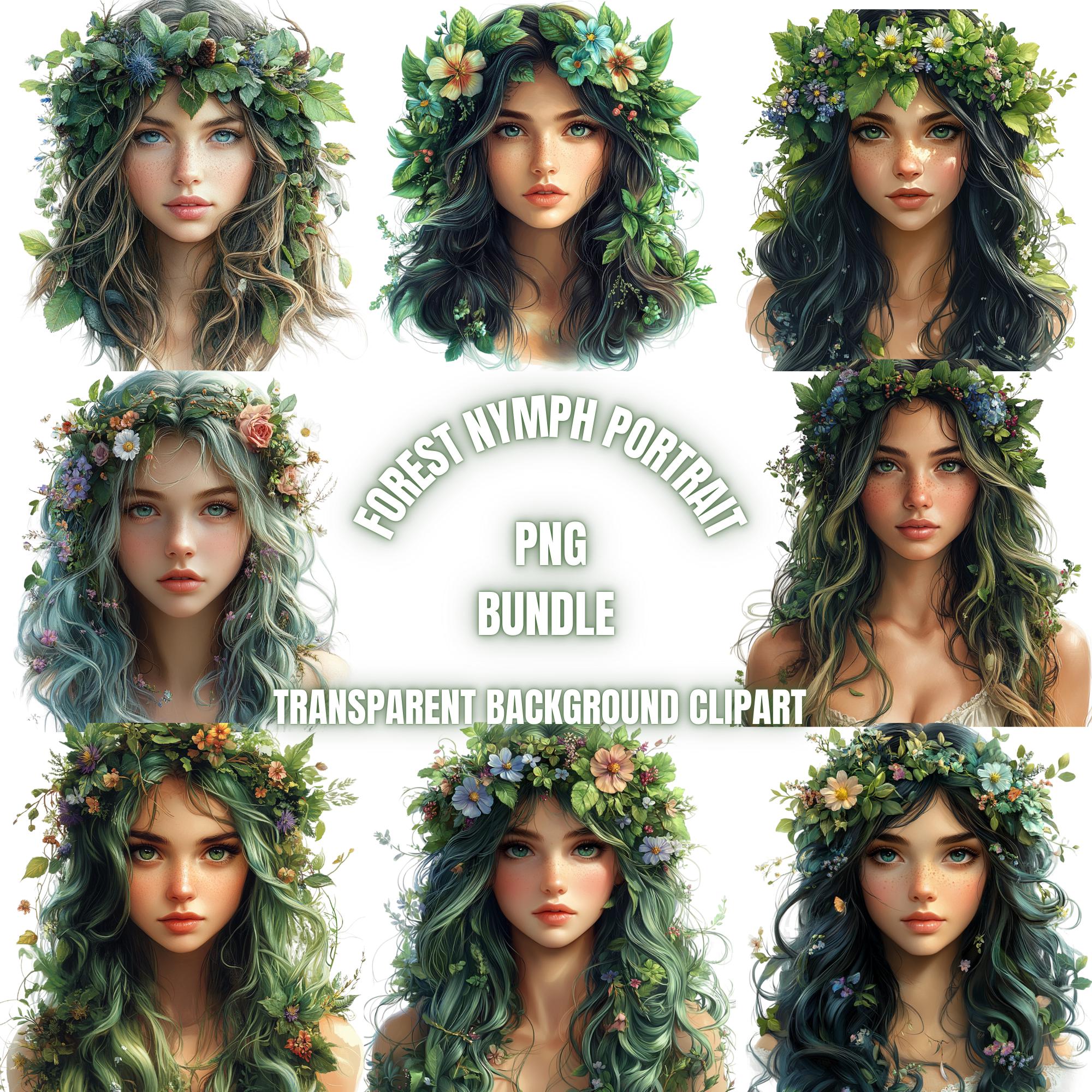 36 Forest Nymph Portrait PNG Clipart Bundle, Watercolor Fantasy Woodland Fairy Illustration, Mystical Forest Sprite Sublimation, Commercial