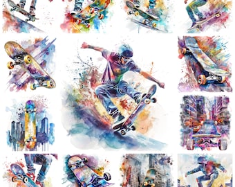 20 Skateboarding PNG Clipart, Watercolor Abstract Cool Skateboard Illustration, Skateboard Ride Snaphot Image, Skateboard Ride Dynamic Pose