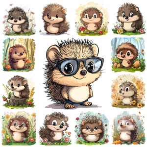 Lot de 50 cliparts hérisson adorable, illustration PNG de hérisson de dessin animé, hérisson mignon fabrication de cartes, travaux manuels en papier, usage Commercial