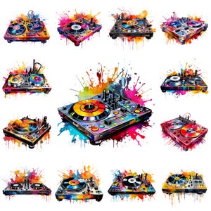Lot de 35 cliparts PNG platine DJ, images de table de mixage musique aquarelle, photos musicales de pont en vinyle, fabrication de cartes de platine vinyle rétro, usage Commercial