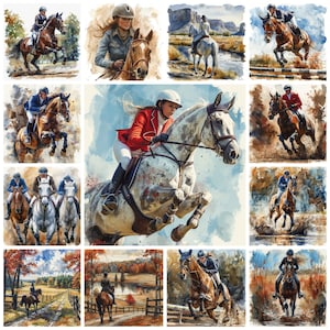 45 cliparts PNG de sport équestre, illustration aquarelle d'équitation, Images pour amateurs de chevaux, cavalier, sports équestres, usage Commercial