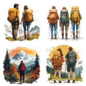 May include: Watercolor illustrations of hikers with backpacks and trekking poles. The images depict people hiking in mountainous landscapes, with vibrant colors and a focus on outdoor adventure and travel.