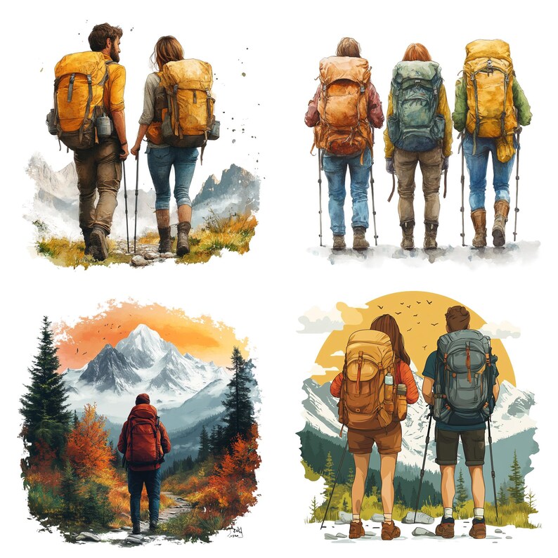 May include: Watercolor illustrations of hikers with backpacks and trekking poles. The images depict people hiking in mountainous landscapes, with vibrant colors and a focus on outdoor adventure and travel.